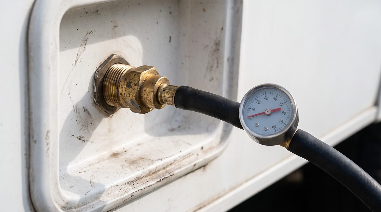 Blowout plug with an air gauge threaded into an RV city water inlet