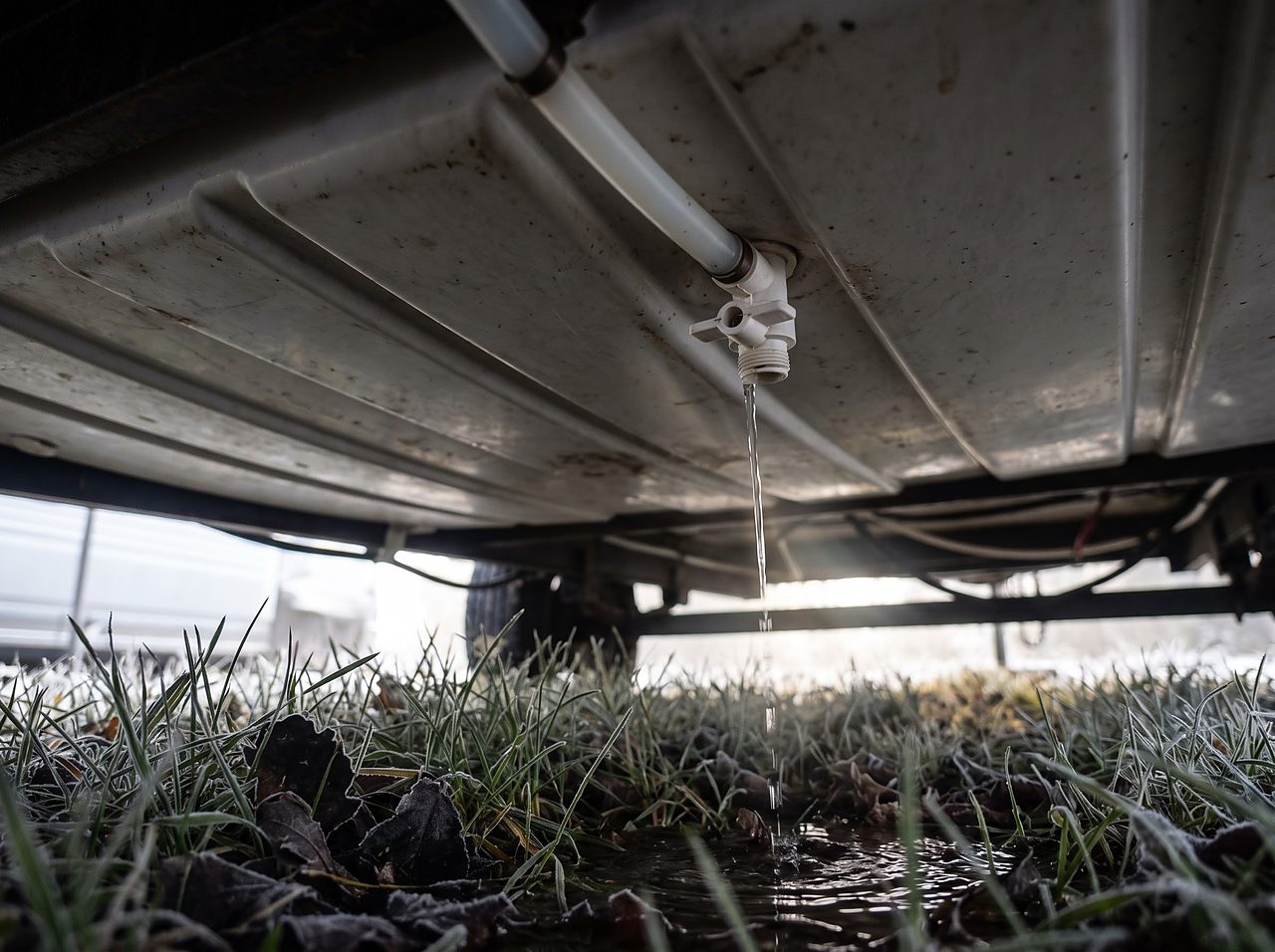 open low-point drain valve releasing water from an RV belly pan during winterizing