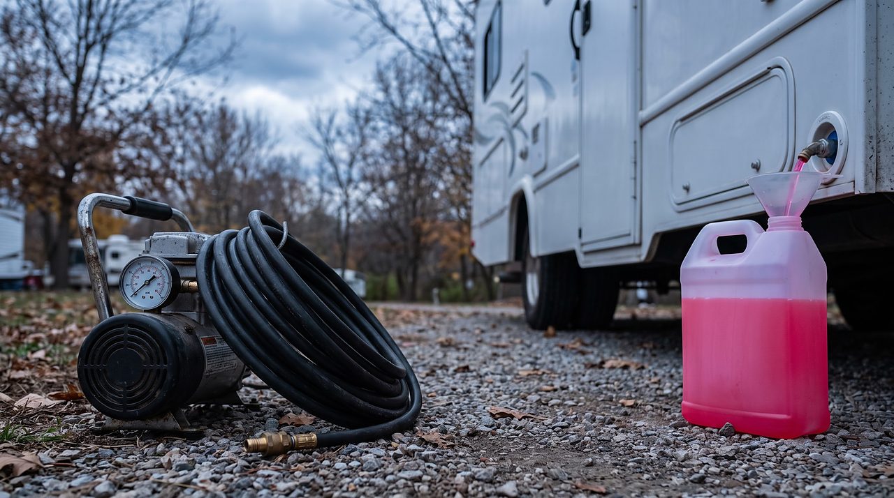 air compressor blowout fitting beside a jug of pink antifreeze at an RV city water inlet
